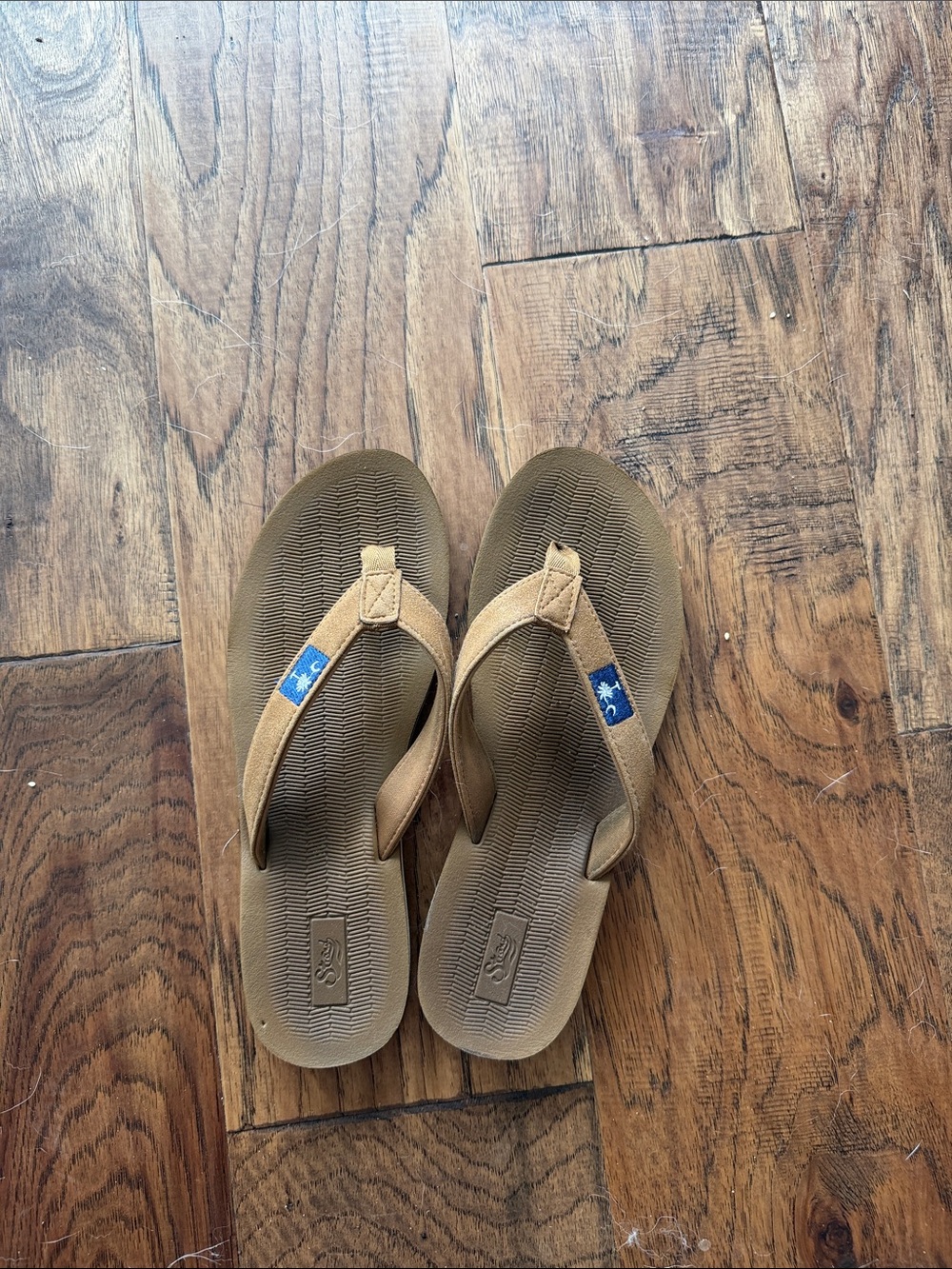 Tan Flip Flop Sandals with Blue Logo Accent